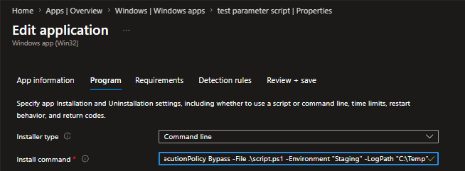 create app in intune with parameters