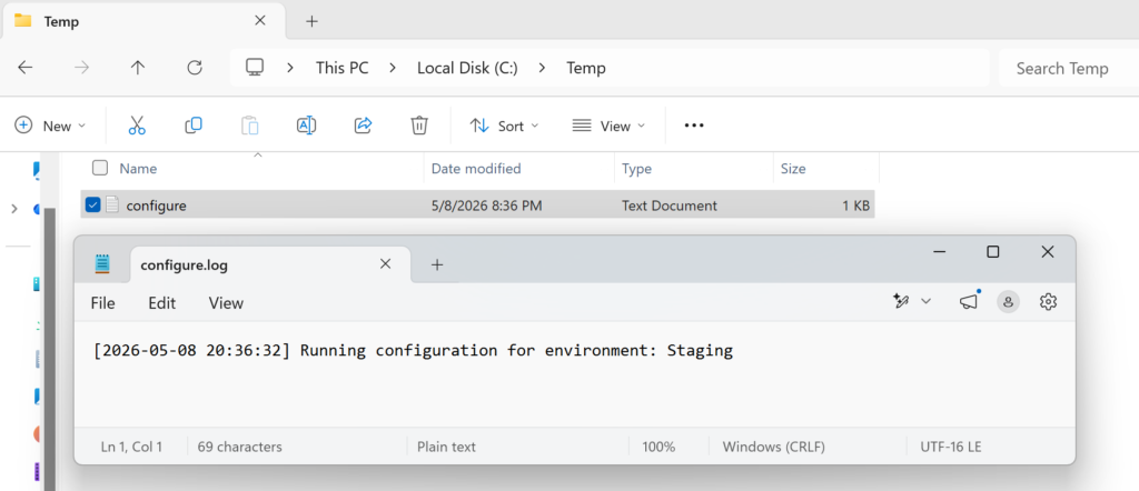 deployed app with packaged powershell script with parameters
