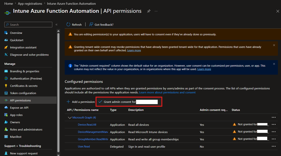 Registered Application - Grant Admin Consent