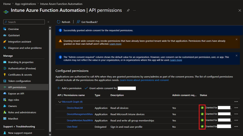 Registered Application - Admin Consent Granted