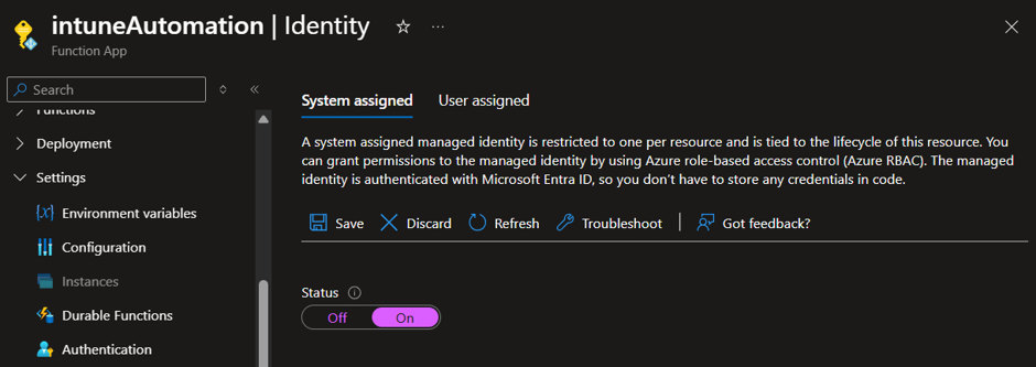 Function App System Assigned Identity