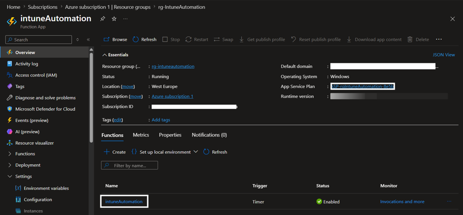 Running Azure Function Intune Automation