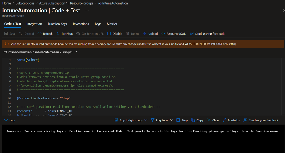 Azure Function Running Code in Portal
