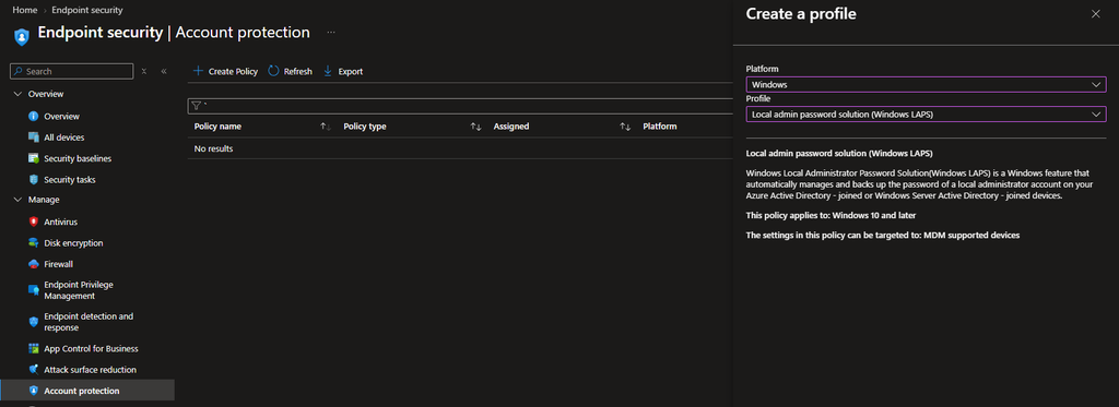 Windows LAPS policy creation in the Intune admin center