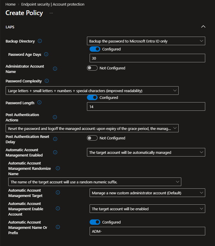 Windows LAPS local admin password settings